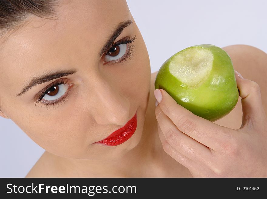Portrait of beauty woman with green apple. Portrait of beauty woman with green apple