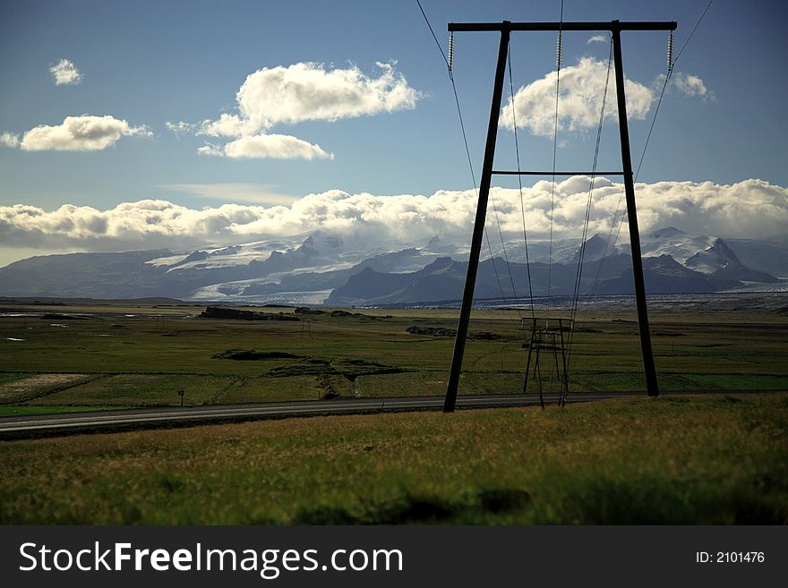 Power lines and glacier