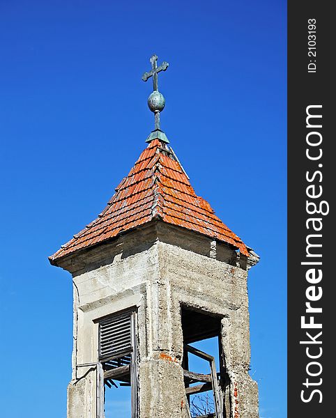 Old ruined church with blue sky background. Old ruined church with blue sky background