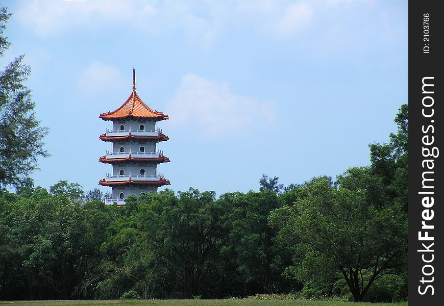 An old historic chinese pagoda building in a forest.