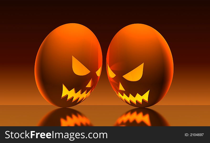 2 eggs crafted with halloween pumpkin facing each other face. 2 eggs crafted with halloween pumpkin facing each other face