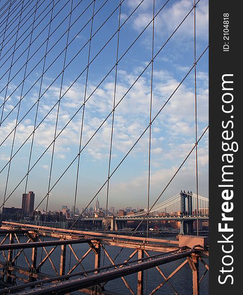 Unique view of Manhattan through Brooklyn Bridge