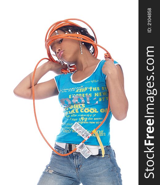Young girl wrapped up in powercable. Young girl wrapped up in powercable