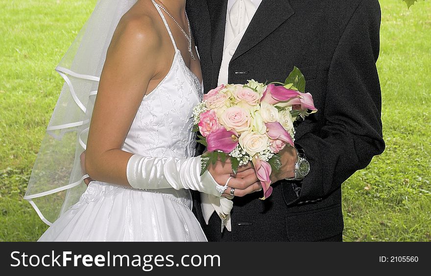 The bride and bridegroom hold on roses in their hands. The bride and bridegroom hold on roses in their hands