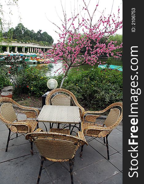 Chairs and tables in a garden in China. Chairs and tables in a garden in China