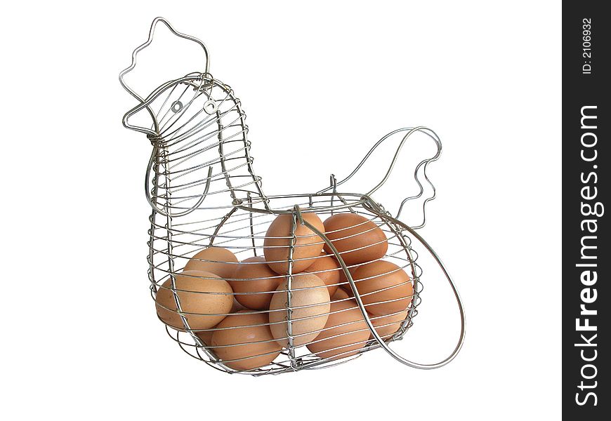 Eggs in the basket on white.Basket like a chicken. Eggs in the basket on white.Basket like a chicken.