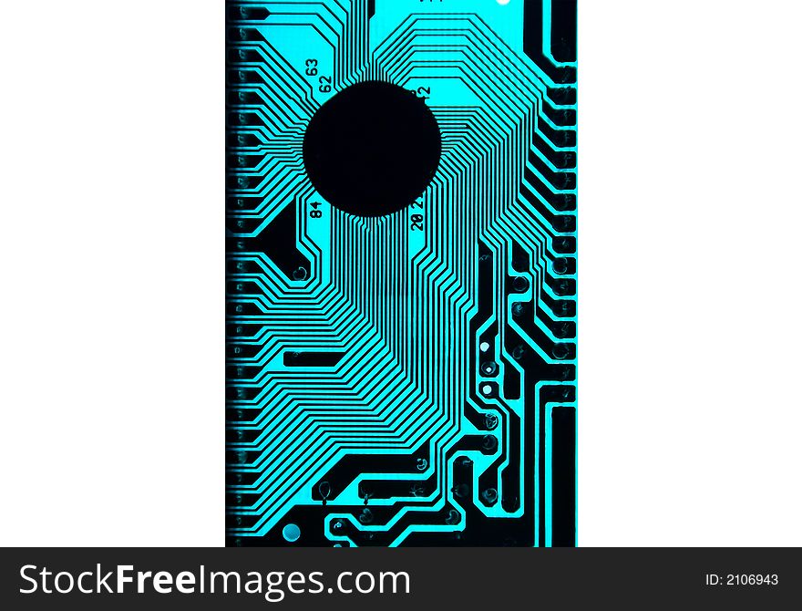 Contrast cyan printed circuit with chip. Contrast cyan printed circuit with chip