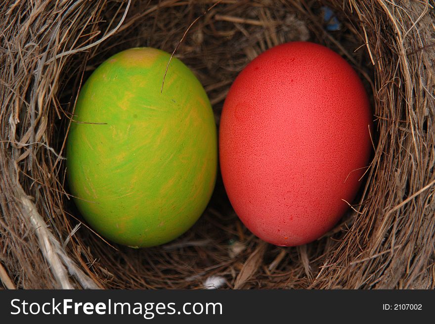 Painted Easter eggs in a bird's nest.
