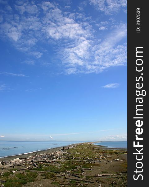 A view of Dungeness spit with blue skies in Olympic peninsula in Washington State