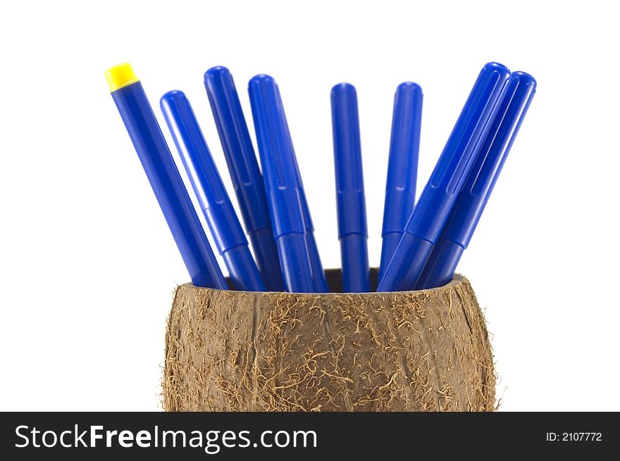 Blue pens in the coconut and one different.