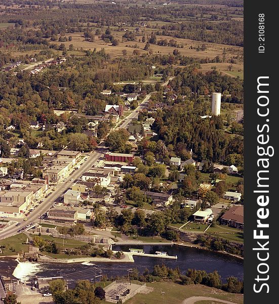 This image is an aerial photograph of the Fenelon Falls Locks on the Trent Severn Waterway in Ontario, Canada, that runs from Georgian Bay all the way down to Trenton on lake Ontario.