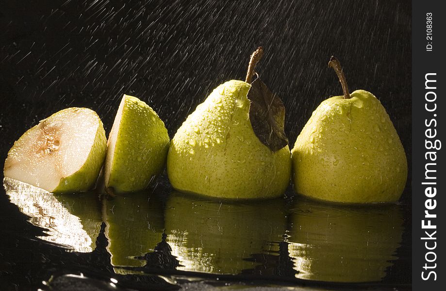 Pear is a fruit that has a yellow or green skin and is white inside. Pears are thinner at the top (i.e. where they join onto the tree) than at the bottom.