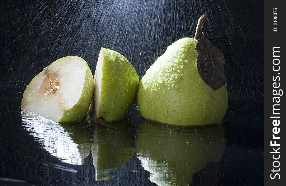 Pear is a fruit that has a yellow or green skin and is white inside. Pears are thinner at the top (i.e. where they join onto the tree) than at the bottom.