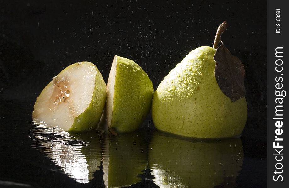 Pear is a fruit that has a yellow or green skin and is white inside. Pears are thinner at the top (i.e. where they join onto the tree) than at the bottom.