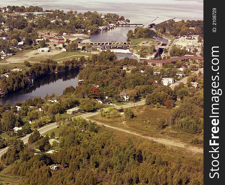 This image is an aerial photograph of the Trent Severn Locks on the Trent Severn Waterway in Ontario, Canada, that runs from Georgian Bay all the way down to Trenton on Lake Ontario. This image is an aerial photograph of the Trent Severn Locks on the Trent Severn Waterway in Ontario, Canada, that runs from Georgian Bay all the way down to Trenton on Lake Ontario