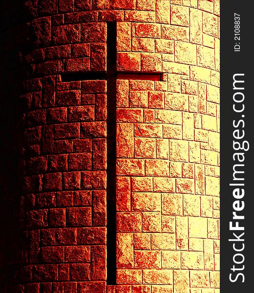 A cross window of a modern church with stone blocks - warm tone. A cross window of a modern church with stone blocks - warm tone.