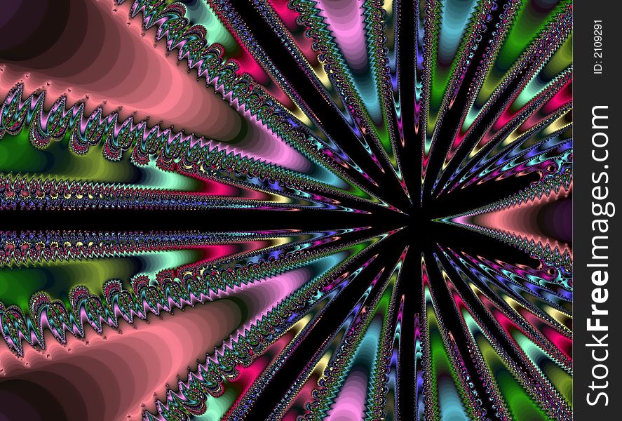 A geometric multicolored fractal offset from center. A geometric multicolored fractal offset from center
