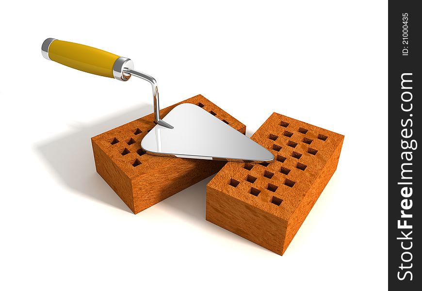 Bricks and trowel 3d illustration