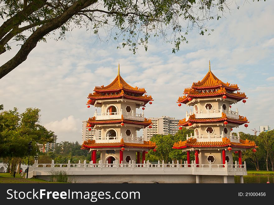 Double Oriental pagodas with traditional architectural styles.