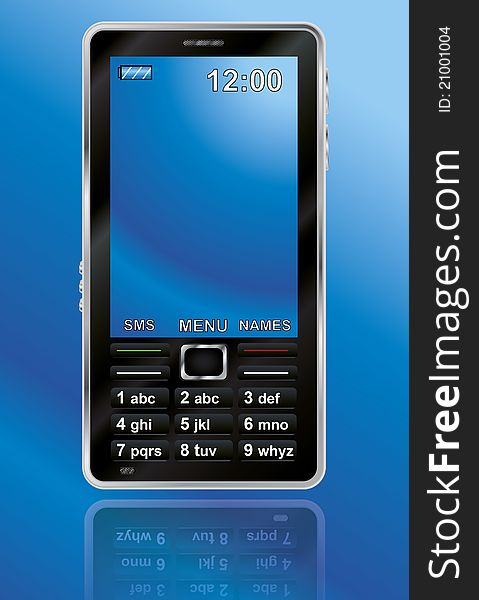 Mobile phone with large screen and buttons on blue background.