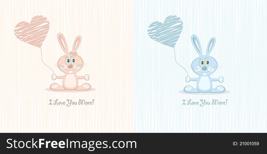 Two postcards of cute pink and blue love rabbit with heart. Illustration. Two postcards of cute pink and blue love rabbit with heart. Illustration.