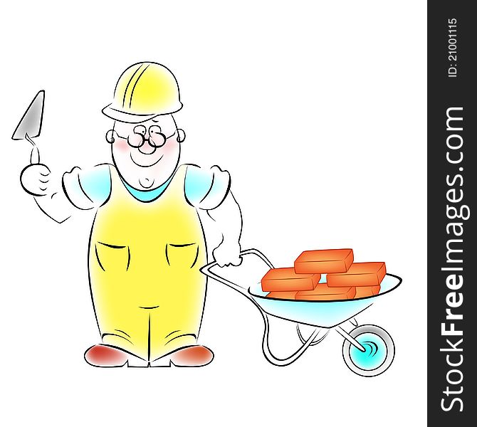 Illustration of the builder with a trowel and a cart loaded with bricks.