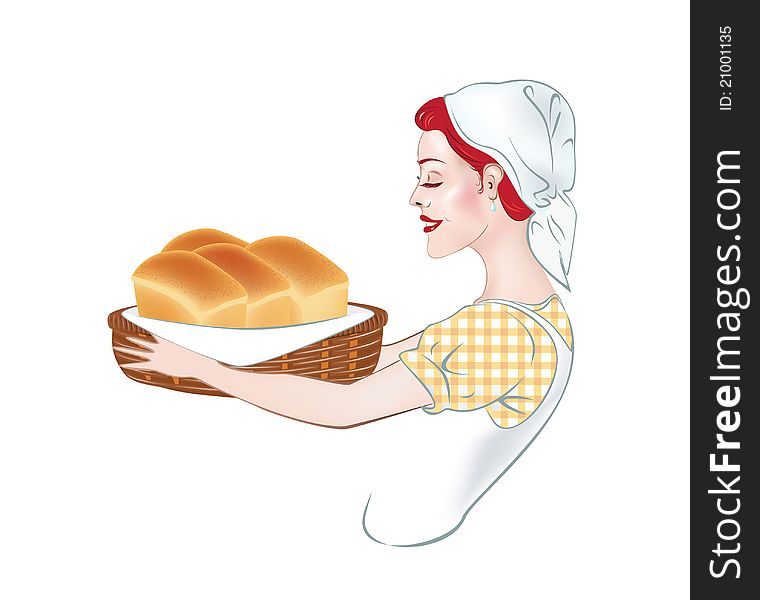 Illustration of a girl - a baker, which carries the basket of a few loaves of bread