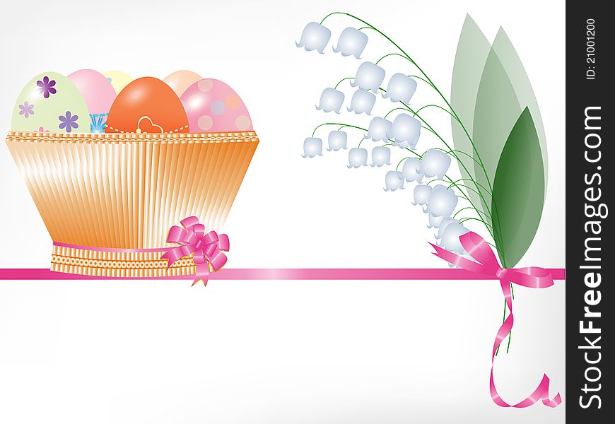 Basket with Easter eggs and a bouquet of lilies of the valley, the vector background