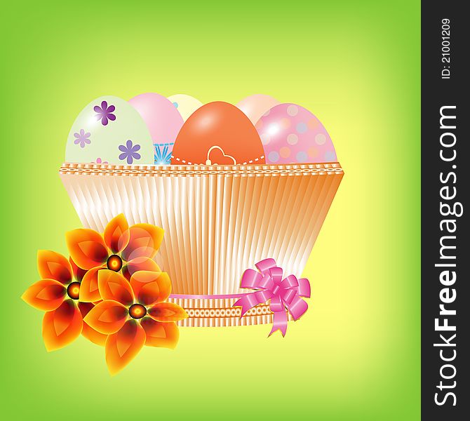 Basket With Easter Eggs On A Green Background