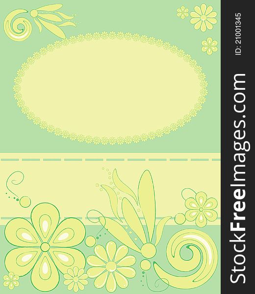 Greeting card with flower pattern and floral frame. Greeting card with flower pattern and floral frame