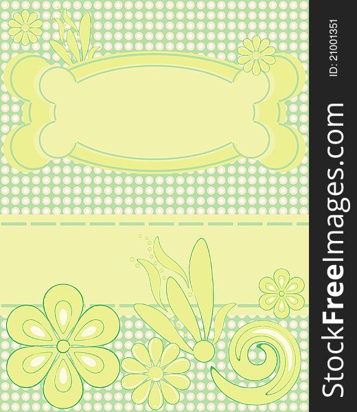 Greeting card with flower pattern and floral frame. Greeting card with flower pattern and floral frame