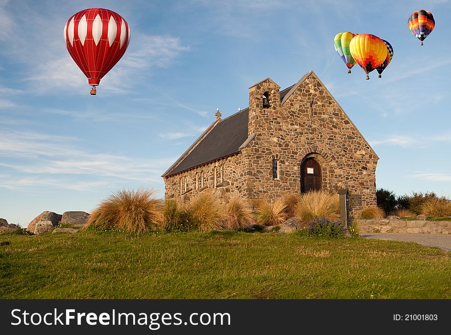 Hot air ballloon over  Church of the Good Shepherd, Lake Tekapo, New Zealand. Hot air ballloon over  Church of the Good Shepherd, Lake Tekapo, New Zealand