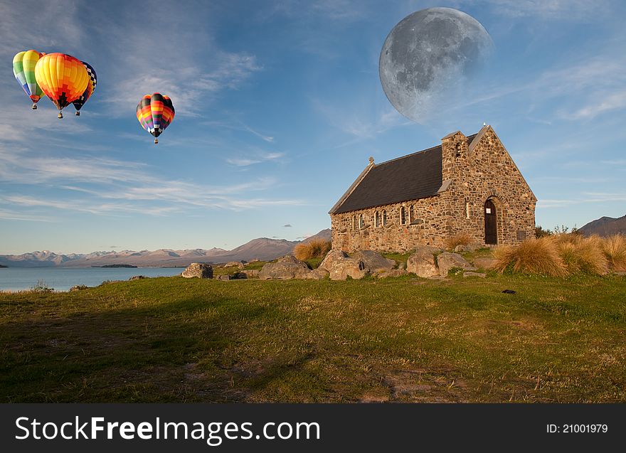 Moon and Hot air ballloon over Church of the Good Shepherd, Lake Tekapo, New Zealand