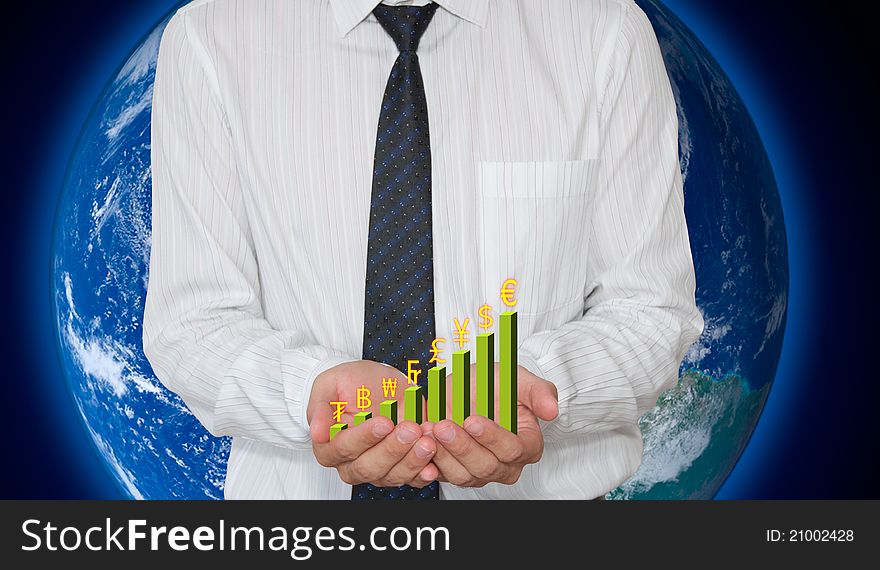 Currency graph on hand with earth background