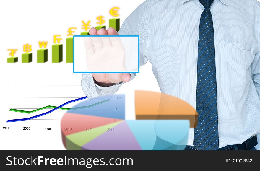 Businessman holding card surround with business graph