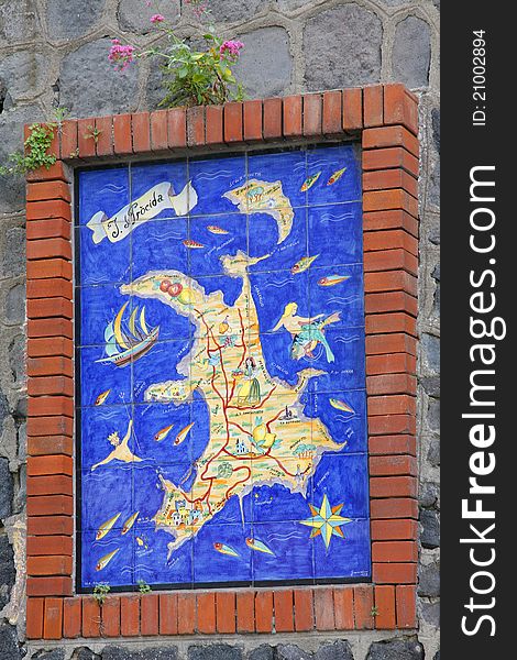 Geographic map of Procida, made â€‹â€‹with majolica. Geographic map of Procida, made â€‹â€‹with majolica