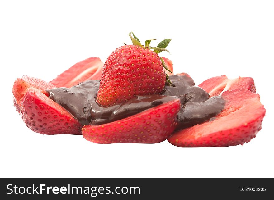 Strawberries in chocolate glaze on a white background