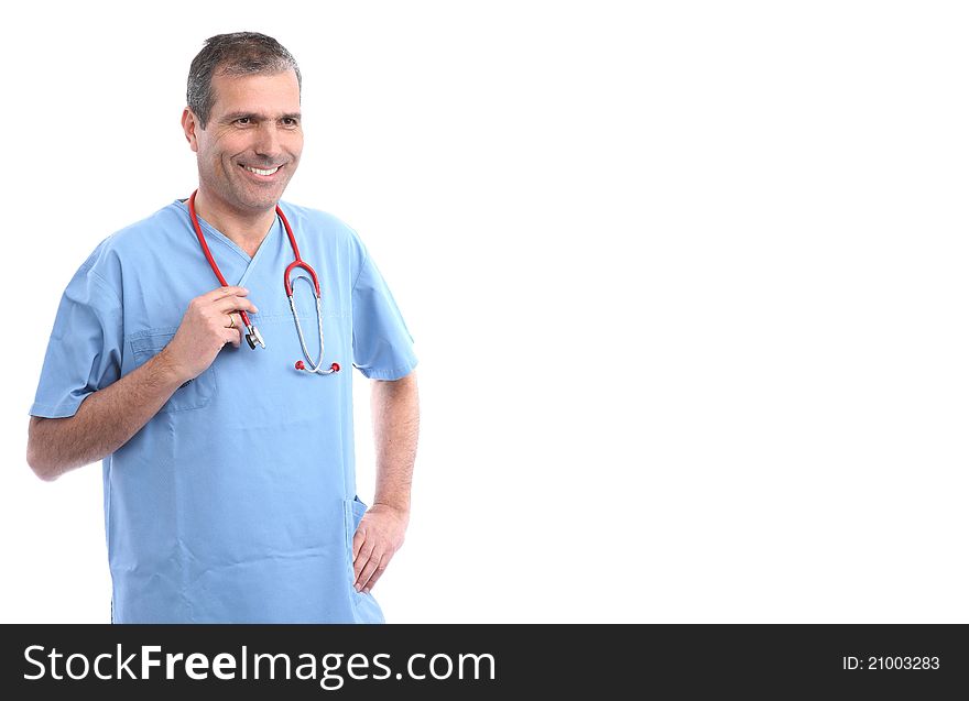 Doctor holding a stethoscope in a white background