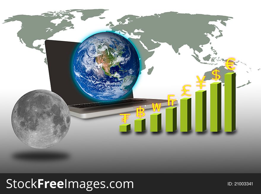Earth over laptop with currency graph and moon