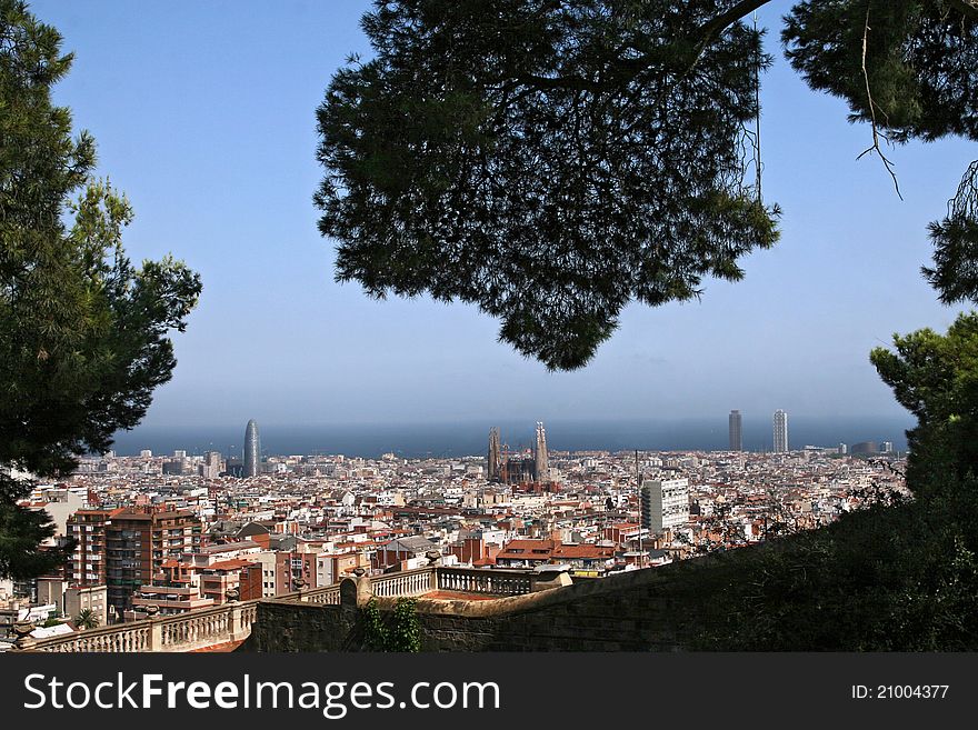 Panorama view of Barcelona from Park Guell. Panorama view of Barcelona from Park Guell