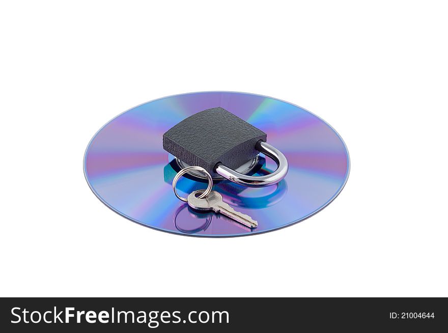 Padlock and key on cd isolated. Concept computer security.