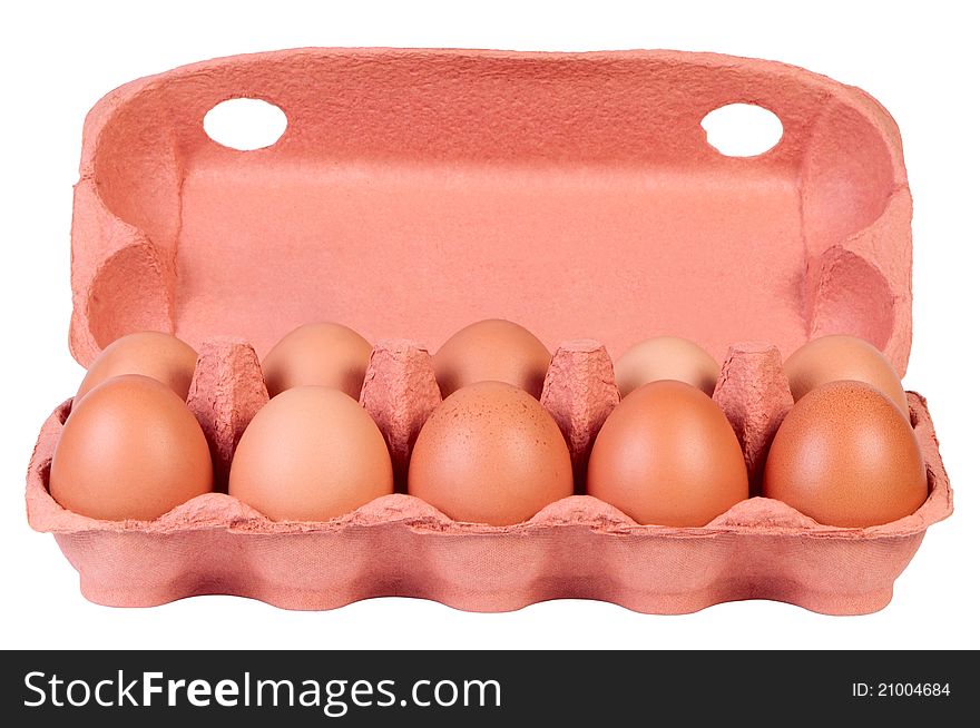 Chicken eggs in carton box isolated.