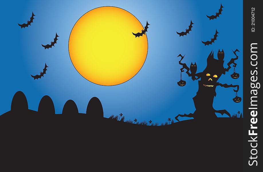 Illustration of halloween night- tree and bats