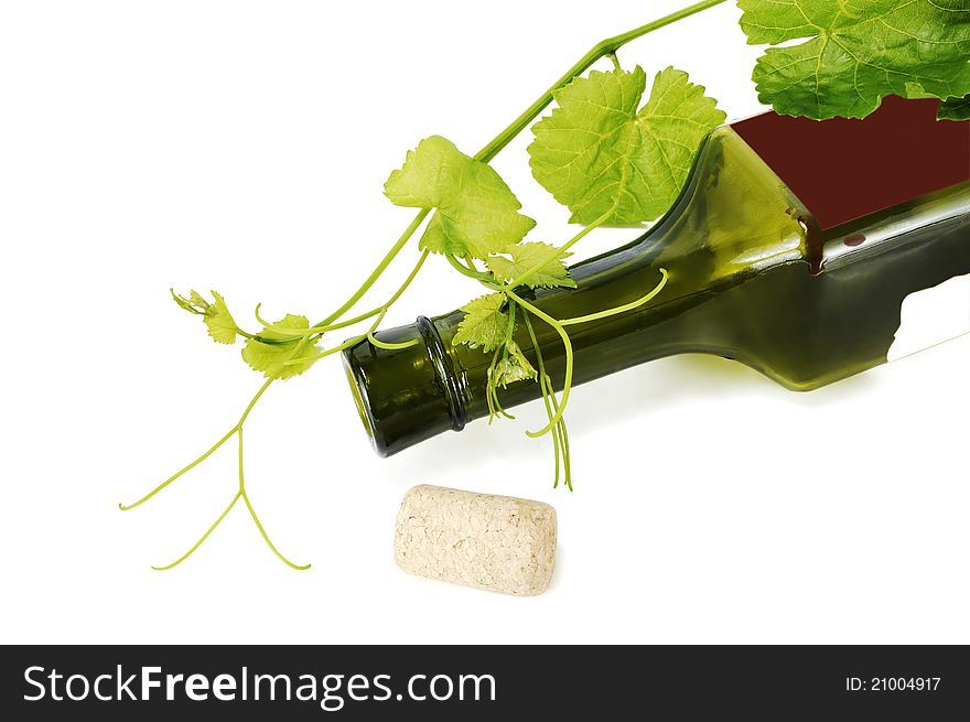 Wine bottle twisted with a rod with a stopper on a white background. Wine bottle twisted with a rod with a stopper on a white background