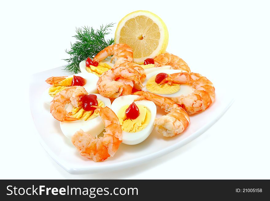 Ready snack with shrimps on white background. Ready snack with shrimps on white background