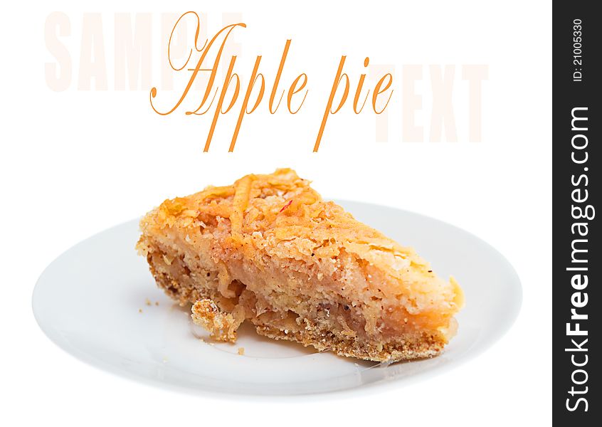Fresh apple pie on a white plate with sample text
