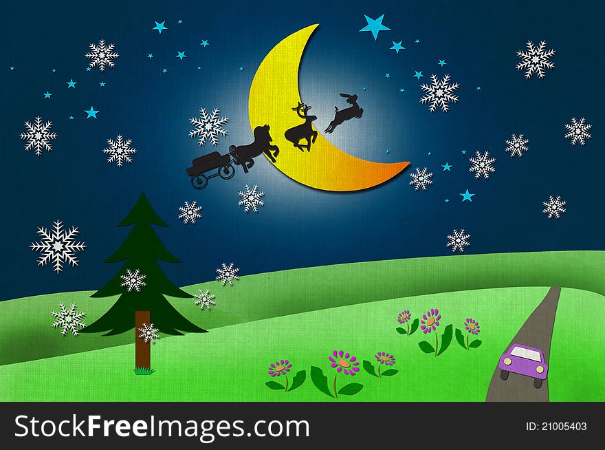 Rural view and Santa Claus's animal with Moon and star recycled papercraft