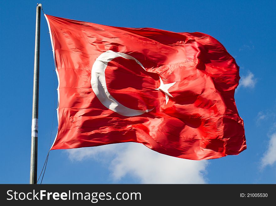 Great turkish flag on blue sky. Great turkish flag on blue sky