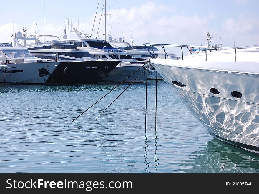 Six luxury yachts in the port of Ibiza. Marina Ibiza.