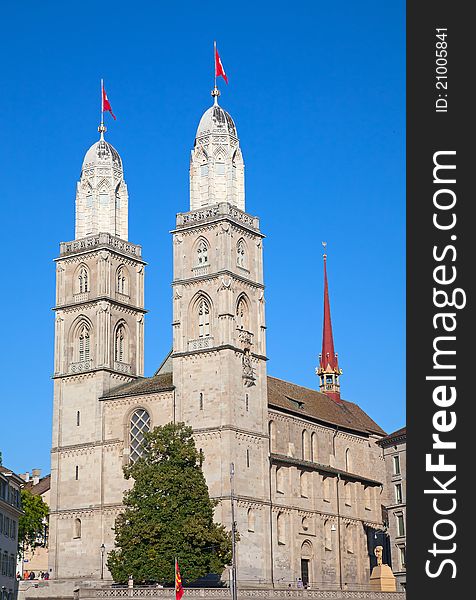 Famous double-headed Grossmunster cathedral in Zurich, Switzerland